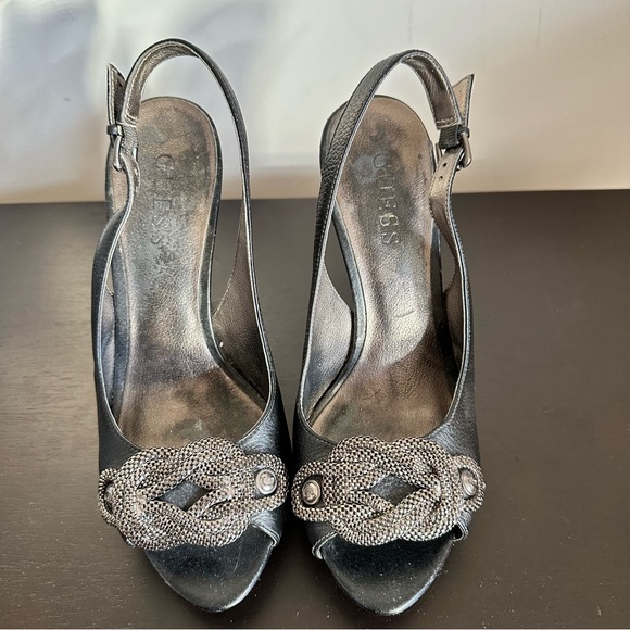 Guess Black Leather Slingback Platform Sandals Heels Silver Chain Detail - Picture 5 of 8